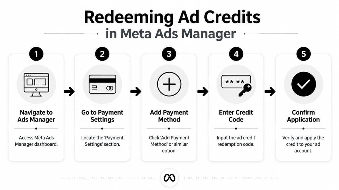 A five-step infographic showing the process for redeeming ad credits in the Meta Ads Manager platform.