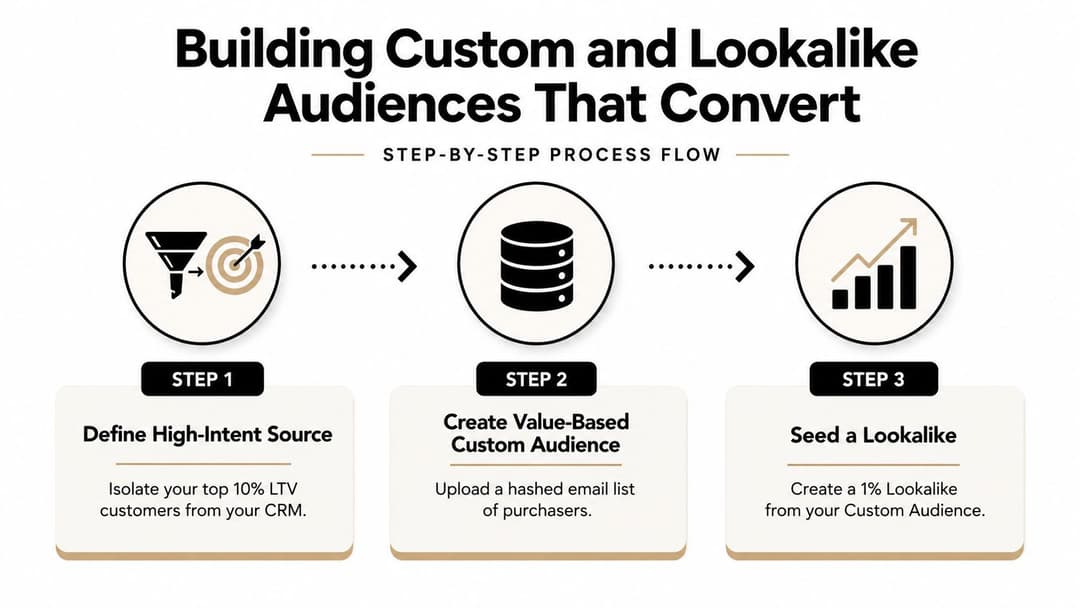 A three-step infographic showing how to build high-intent custom and lookalike audiences for improved advertising conversion.