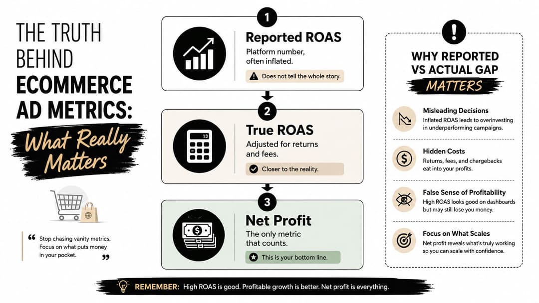 An infographic showing the progression from Reported ROAS to True ROAS and finally to Net Profit.