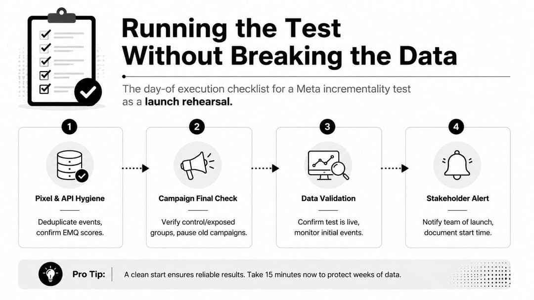 A checklist infographic outlining steps for executing a Meta incrementality test to ensure accurate data collection.