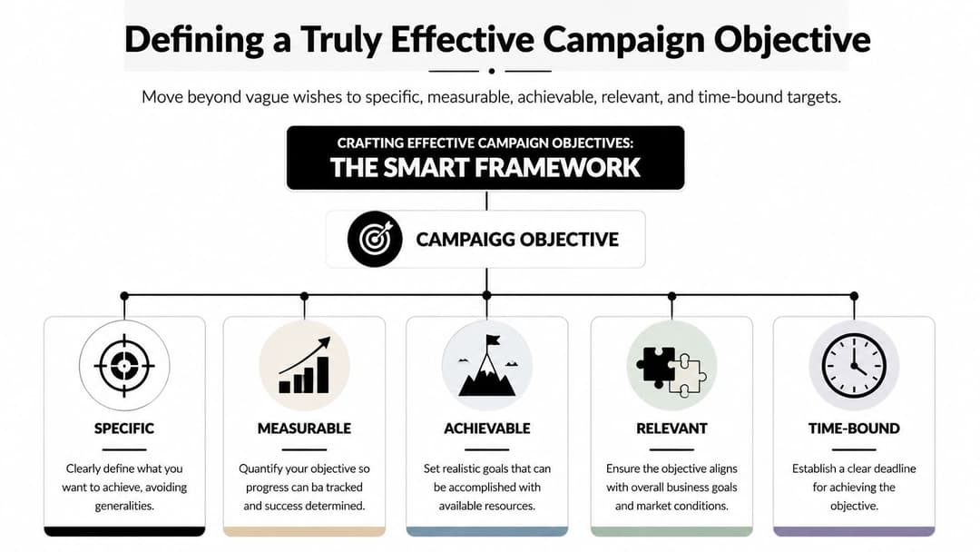 A diagram illustrating the SMART framework for defining effective and measurable marketing campaign objectives.