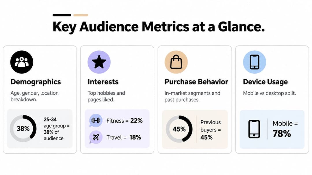 An infographic displaying four key audience metrics including demographics, interests, purchase behavior, and device usage statistics.