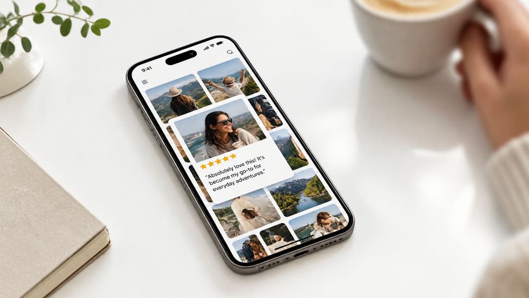 A smartphone screen displaying a curated social media feed featuring travel photography and a positive customer review.