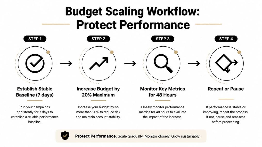 A four-step infographic showing a workflow for scaling digital advertising budgets to protect campaign performance.
