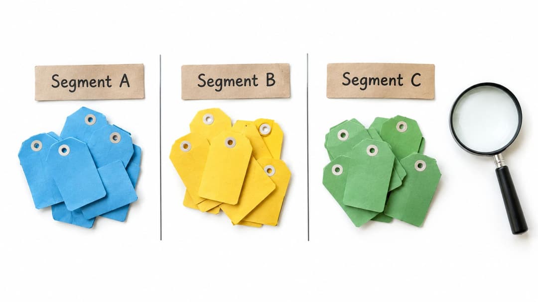 Three groups of colored tags labeled Segment A, Segment B, and Segment C with a magnifying glass.
