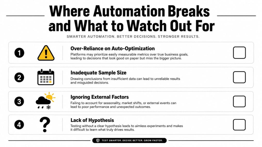 An infographic titled Where Automation Breaks listing four common pitfalls in automated marketing and experiment optimization processes.