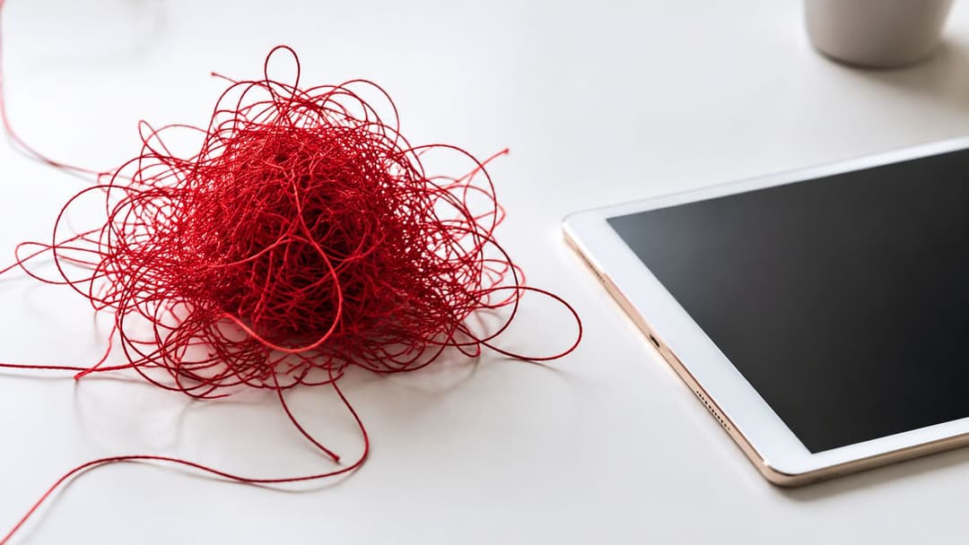 A tangled mess of red yarn sitting on a white desk next to a modern digital tablet.