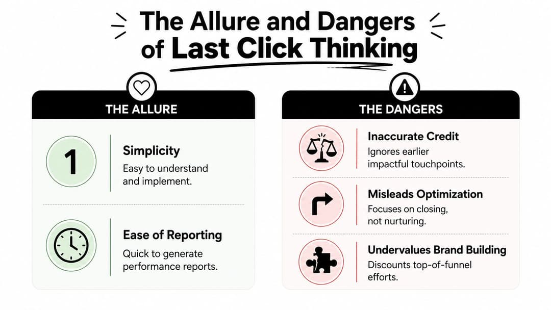 A marketing infographic explaining the benefits and drawbacks of using a last click attribution model.