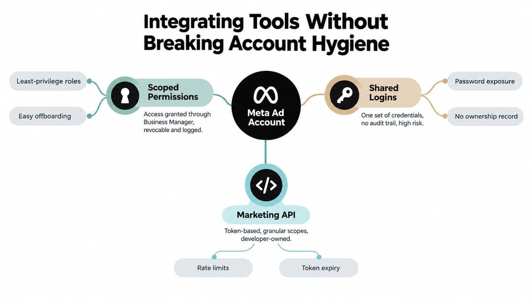 A diagram illustrating the best practices for integrating tools with a Meta Ad Account to maintain security.