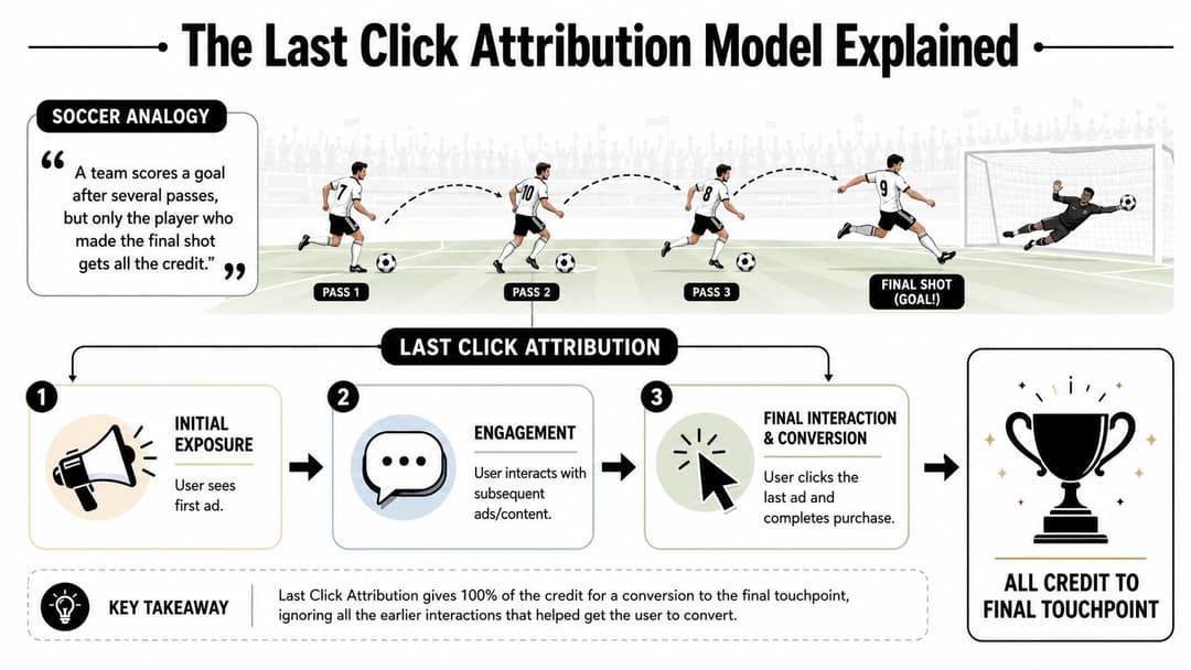 A diagram illustrating the last click attribution model using a soccer analogy and step-by-step marketing funnel.