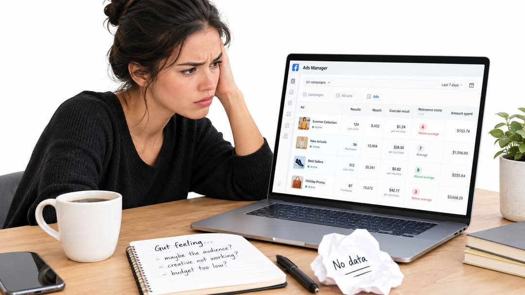 A frustrated woman looking at Facebook Ads Manager data on her laptop, with a notebook about audience insights.