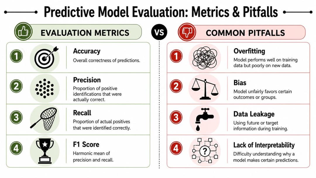 An infographic showing evaluation metrics like accuracy and common predictive model pitfalls such as overfitting.
