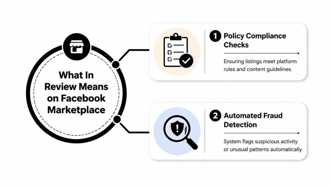 An infographic explaining that Facebook Marketplace listings go In Review for policy compliance and automated fraud detection.