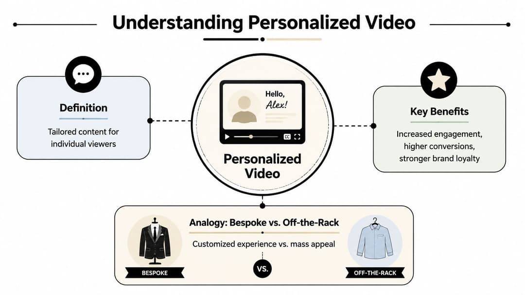 A diagram explaining personalized video through its definition, key benefits, and a bespoke versus off-the-rack analogy.
