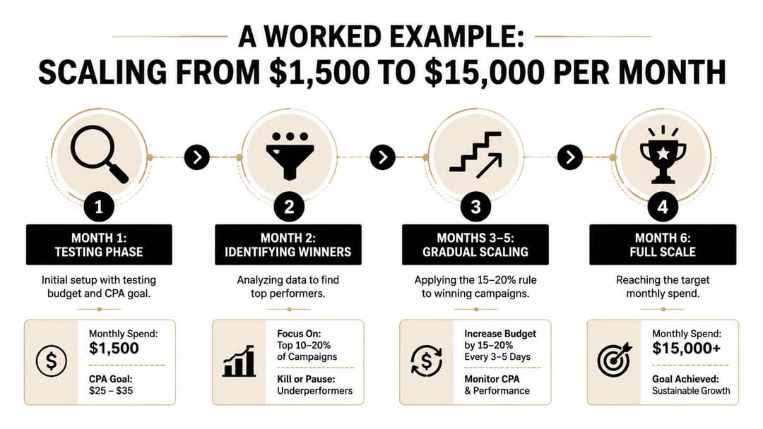 A four-step infographic showing how to scale advertising budgets from fifteen hundred to fifteen thousand dollars.