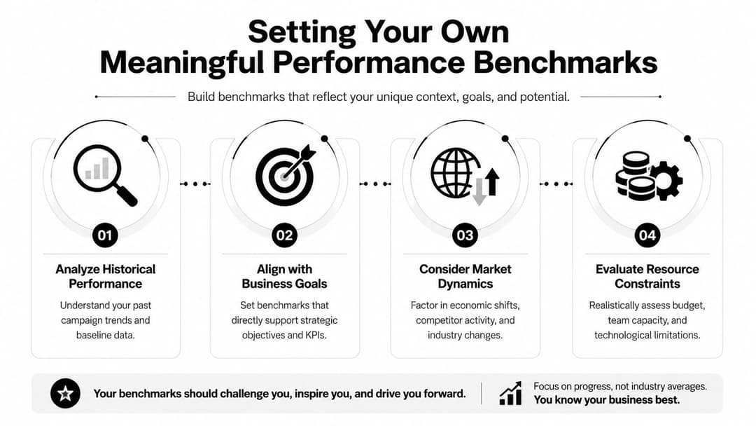 An infographic titled Setting Your Own Meaningful Performance Benchmarks showing four steps to improve business outcomes.
