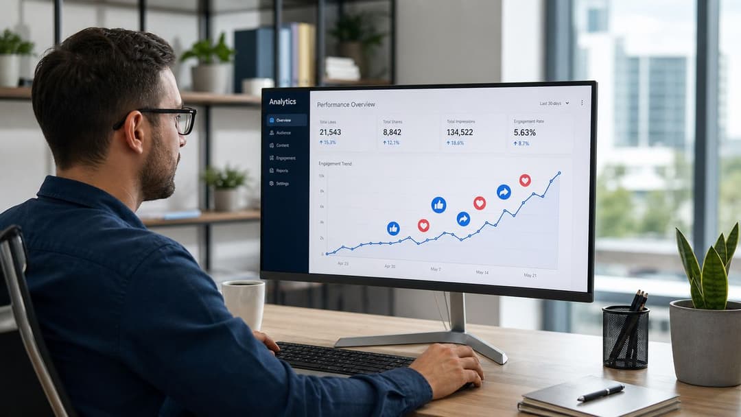 A man wearing glasses sitting at a desk looking at a computer screen displaying analytics dashboard.