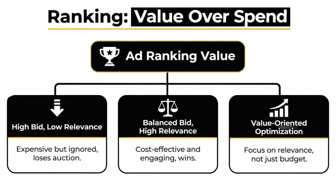 A diagram illustrating ad ranking strategies by balancing bid amounts with advertising relevance for optimal campaign results.