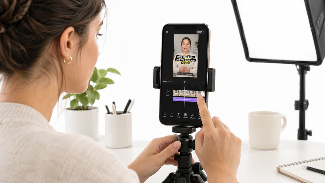 A woman editing a video advertisement on her smartphone mounted on a tripod for social media marketing.