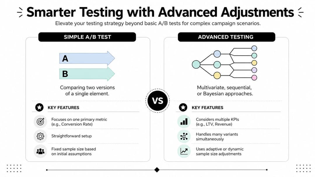 A comparison infographic between simple A/B testing and advanced testing strategies for marketing campaigns.