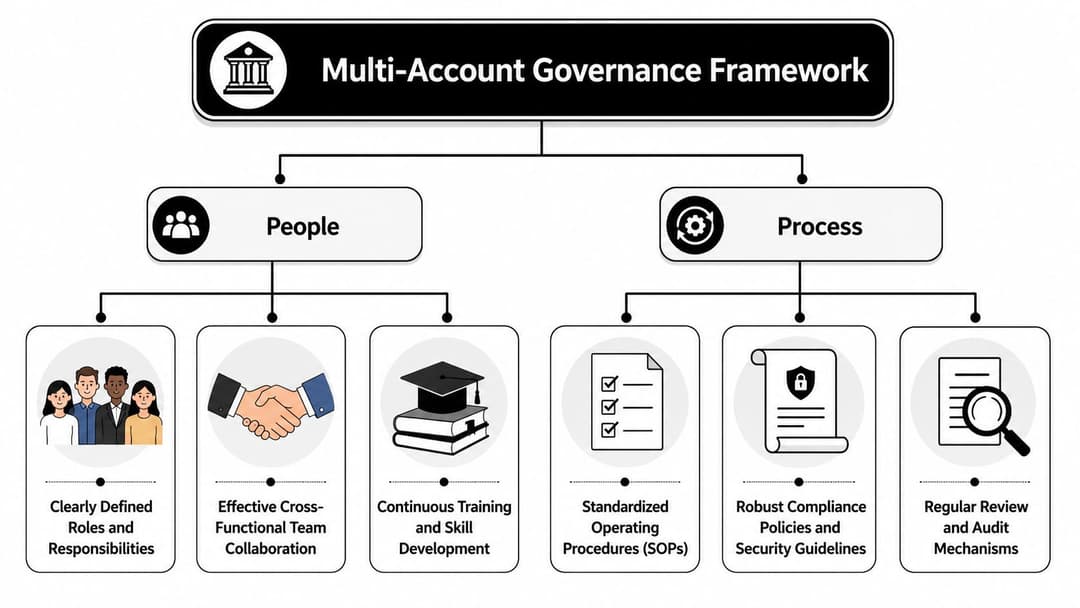 A diagram illustrating a Multi-Account Governance Framework, divided into People and Process organizational pillars.