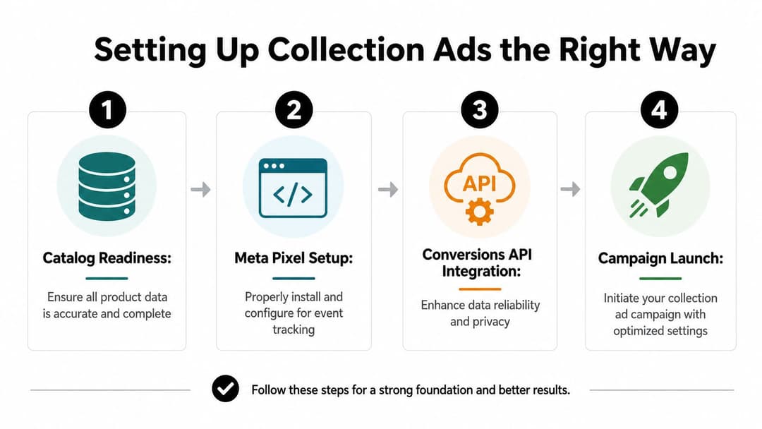 A four-step infographic illustrating the process for setting up Meta collection ads for optimal performance.