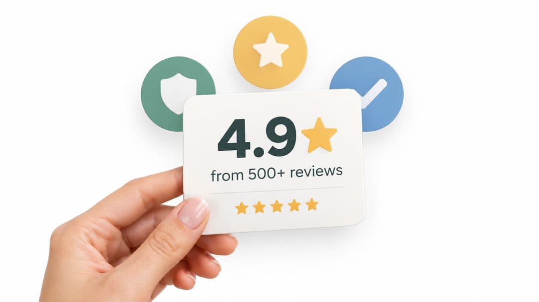 A hand holding a white card featuring a 4.9 rating and over 500 reviews with stars.