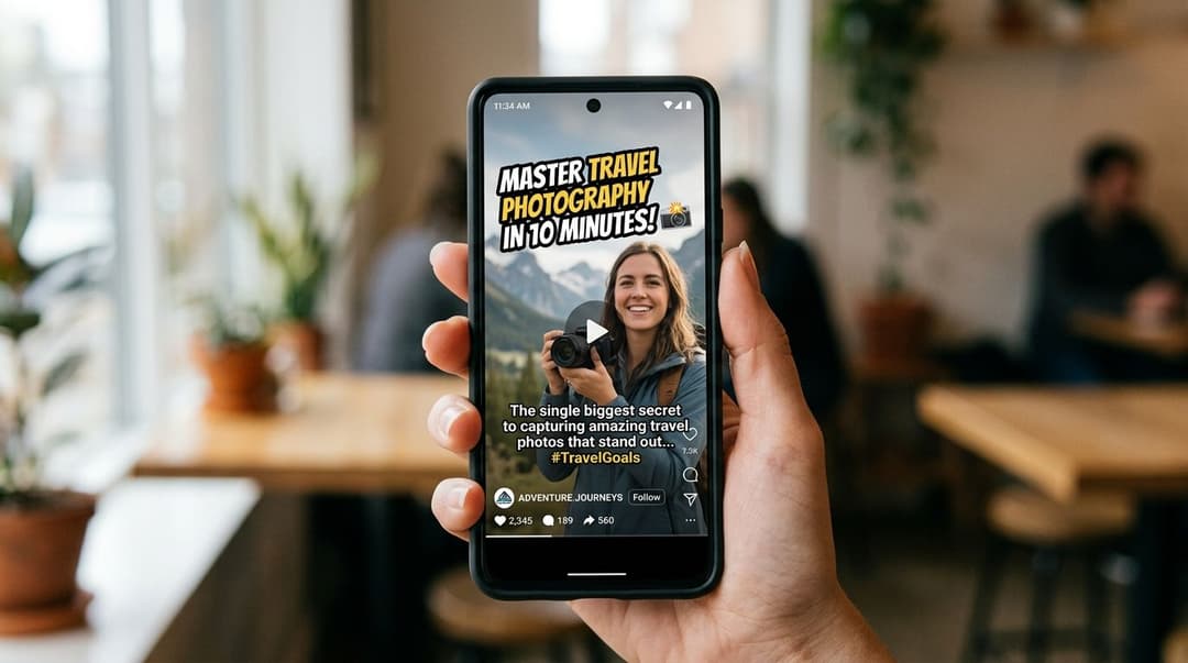 A hand holding a smartphone displaying an Instagram reel about mastering travel photography in ten minutes.