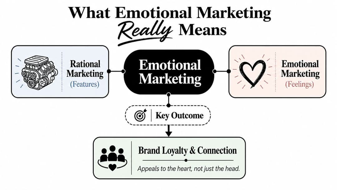 A diagram illustrating how rational marketing features and emotional marketing feelings lead to brand loyalty and connection.