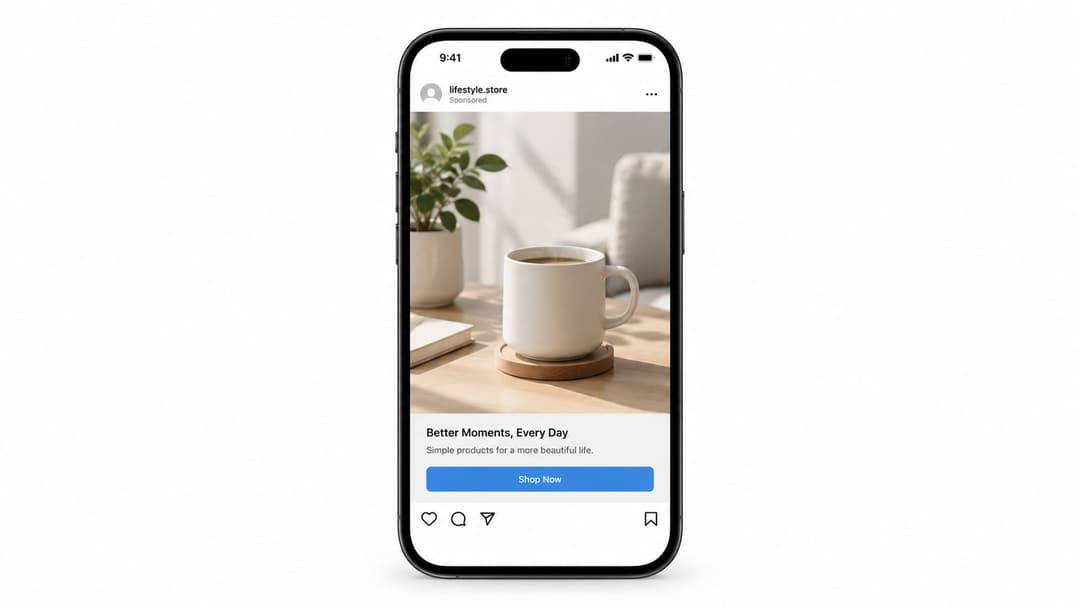 A smartphone screen displaying a sponsored lifestyle advertisement featuring a minimalist white coffee mug on a wooden table.