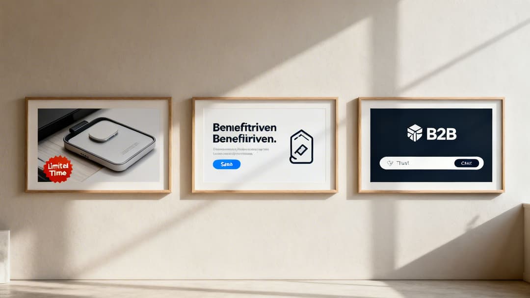 Three framed banner advertisements displayed on a wall, featuring tech devices, business services, and a B2B platform.