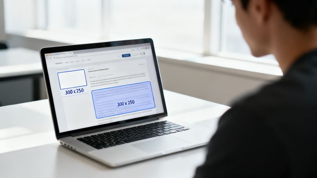 Person looking at a laptop screen highlighting two '300 x 250' banner ad placements on a webpage.