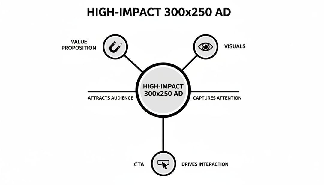 Diagram illustrating a high-impact 300x250 ad strategy with value proposition, visuals, and CTA.
