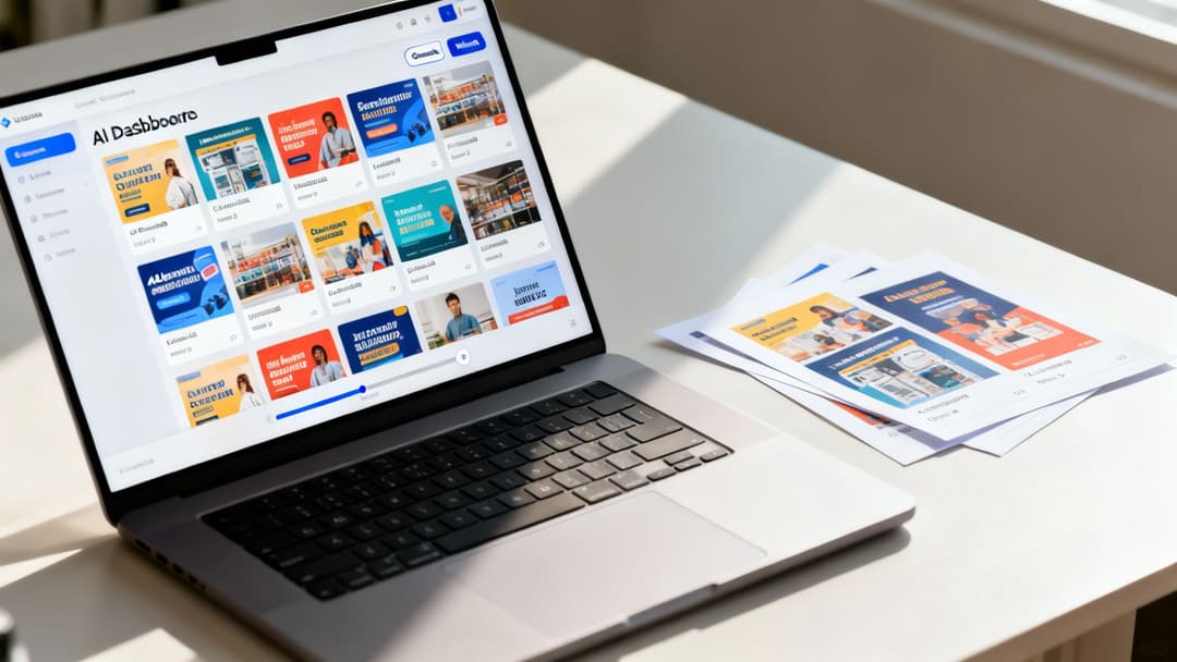 A laptop on a white desk displays an AI dashboard with various ad banner designs, alongside printed copies.