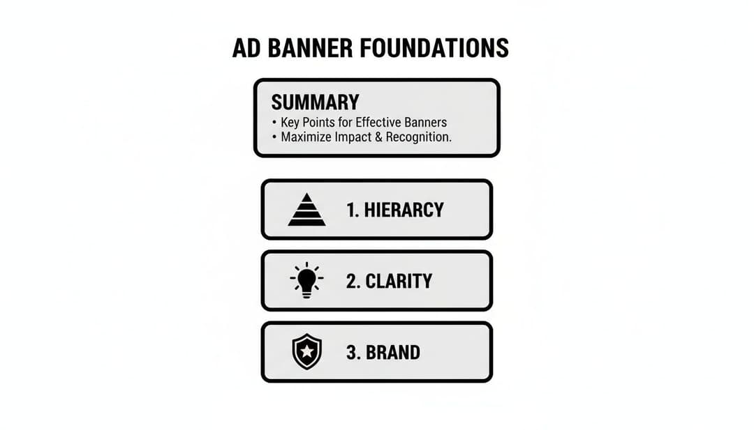An infographic detailing ad banner foundations: summary, hierarchy, clarity, and brand principles for effective design.