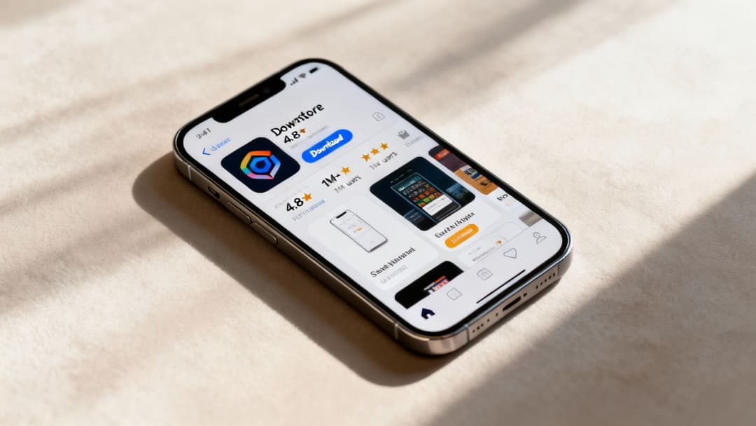 An iPhone displays the 'Downtore' app page on an app store, showing its logo, ratings, and download button.