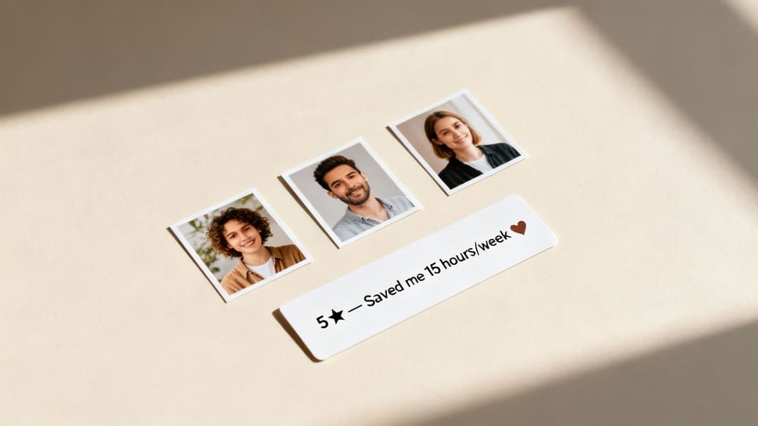 User testimonials: Three diverse people's headshots and a 5-star review card saving 15 hours/week.