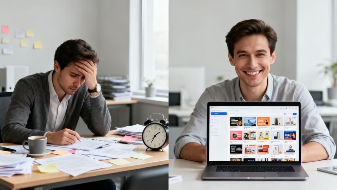 A man stressed by paperwork on the left, and smiling happily with a laptop displaying ad copies on the right.