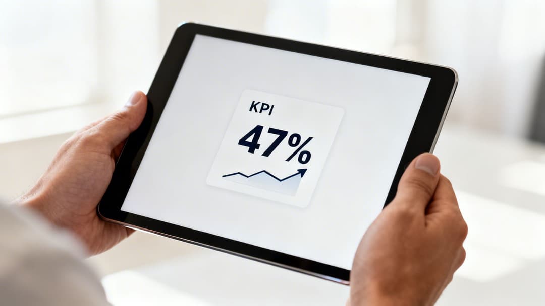 Close-up of hands holding a tablet displaying a KPI of 47% with an upward trending graph.