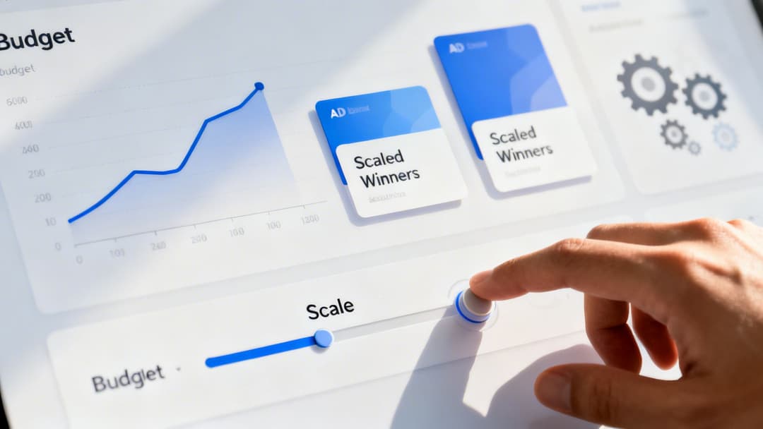 A hand adjusts a 'Scale' slider on a digital marketing dashboard, showing ad budget growth.