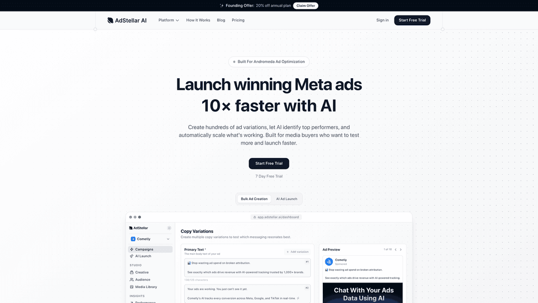 Screenshot of AdStellar AI website homepage