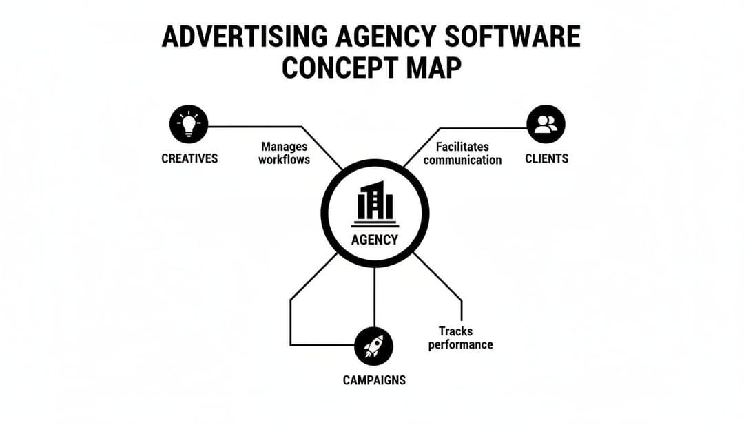 A concept map showing how advertising agency software connects creatives, clients, and campaigns for workflow management.