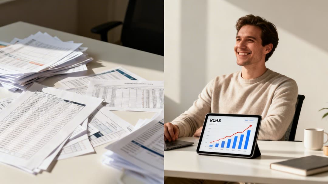 A man smiling at a tablet showing a positive ROAS graph, contrasted with a messy desk of papers.