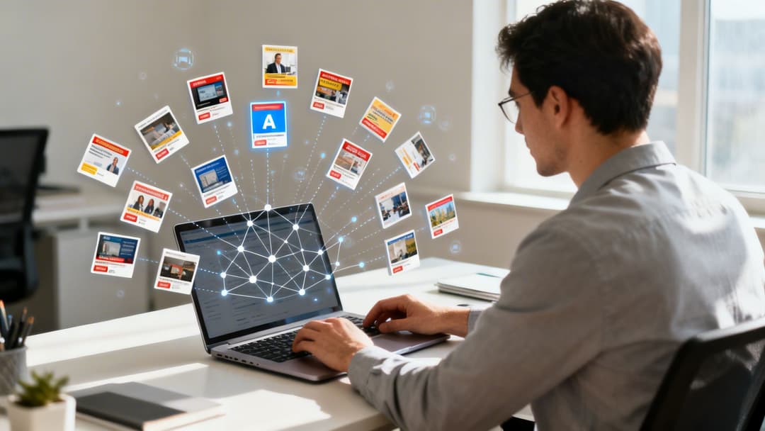 A man works on a laptop, showing a network of digital advertisement cards floating in the air.