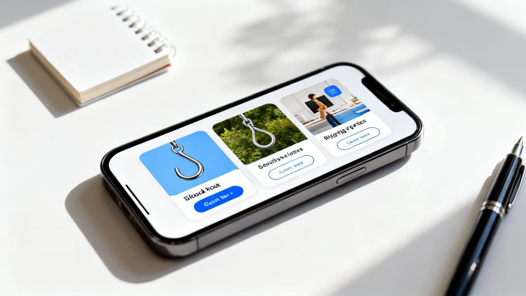 Smartphone displaying an app with three visual cards, a notebook, and a pen on a white desk.