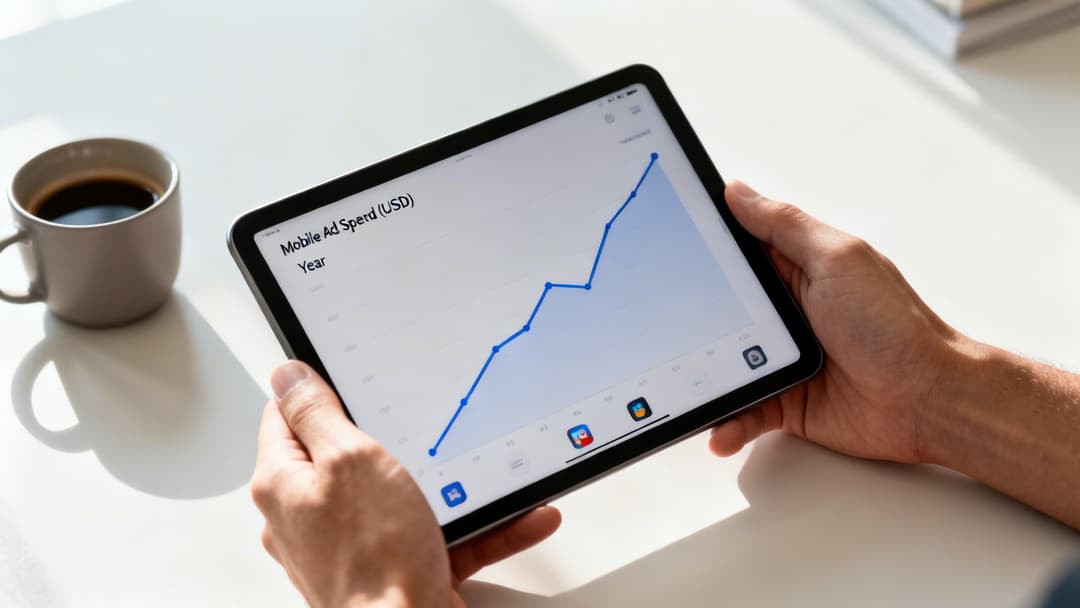 Person holding a tablet displaying a line graph of mobile ad spend, next to a coffee mug.