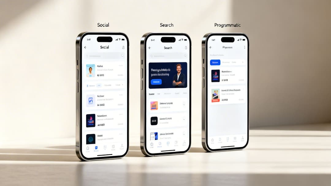 Three smartphones display distinct mobile app interfaces for social, search, and programmatic advertising campaigns.