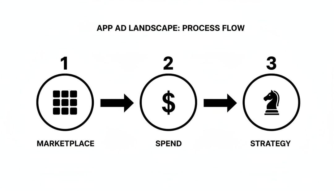 Process flow diagram showing app ad landscape steps: Marketplace, Spend, and Strategy.