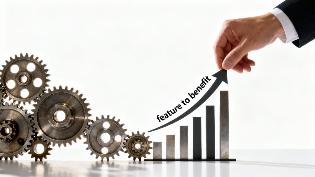 A hand moves an arrow labeled 'feature to benefit' over a growing bar chart, with gears.