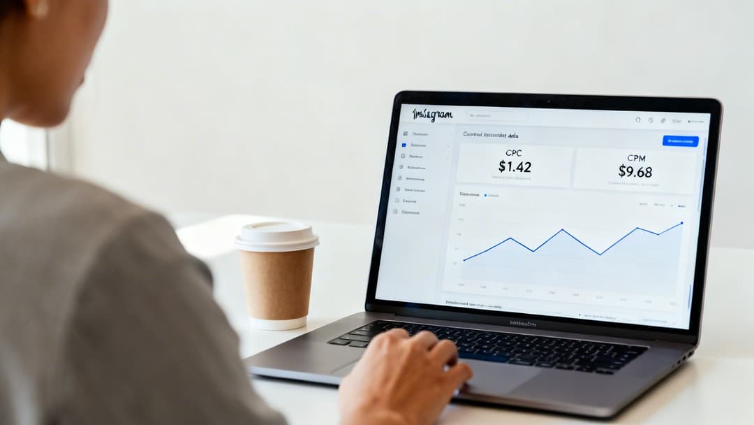 Person viewing Instagram advertising performance metrics on a laptop with a coffee cup beside it.